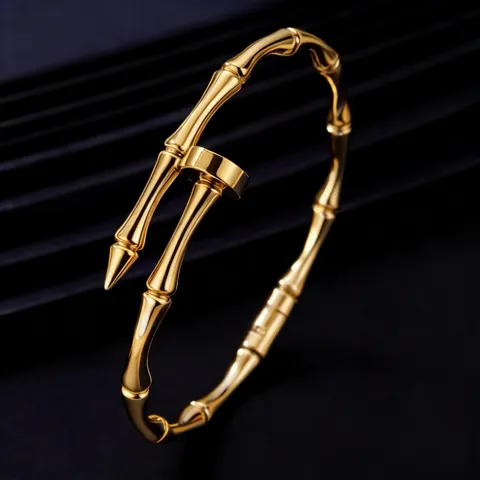 Bracciale Rigido Design Bambù Placcato Oro 18K Acciaio Inossidabile Forma Di Chiodo Per Donna Gioielli Minimalisti