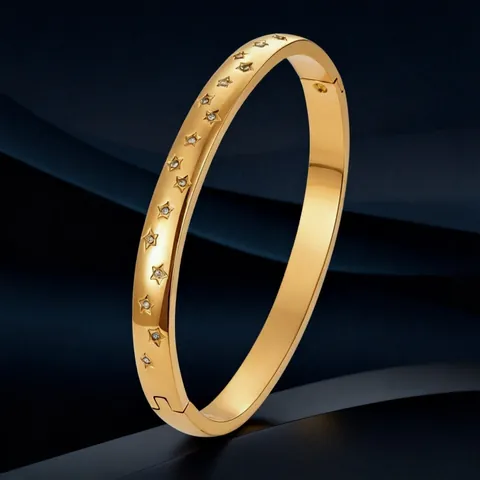 Stainless Steel Star Bangle Rhinestone Inlaid Hinged Bracelet 18K Gold Plated Minimalist Luxury Jewelry For Women