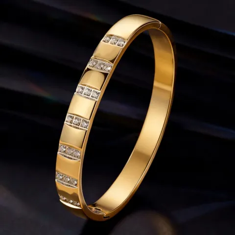 Minimalist Stainless Steel Bangle Bracelet For Women With Zircon Inlay Hinge Buckle Geometric Luxury Fashion Jewelry