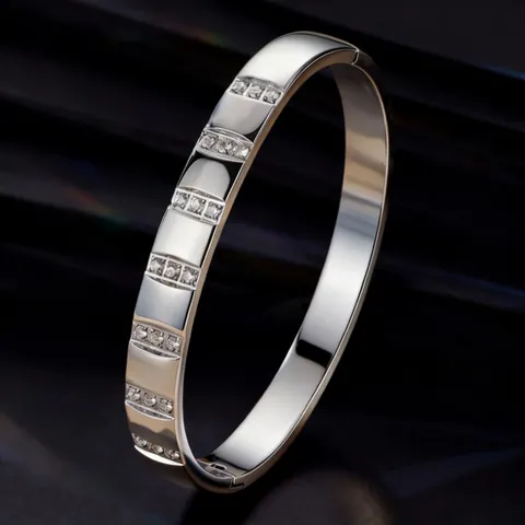 Stainless Steel Bangle For Women Cubic Zirconia Inlaid Luxury Geometric Minimalist Non-fading Jewelry Accessory