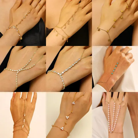 Finger Ring Bracelet Integrated Hand Chain Alloy Imitation Artificial Pearl Butterfly Heart Boho Multi Layer Adjustable Jewelry Women