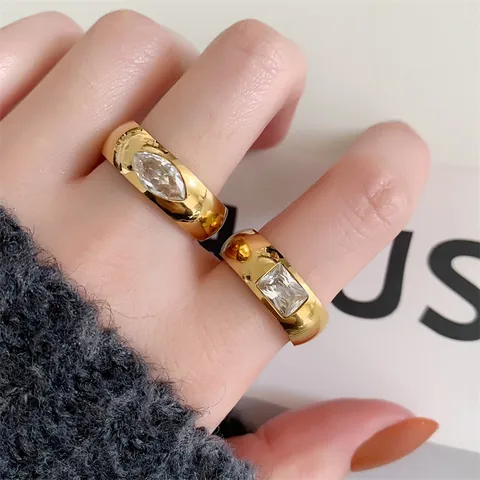 Gold Plated Stainless Steel Ring With Rectangle Marquise Zircon High Polished Minimalist Fashion Jewelry For Women