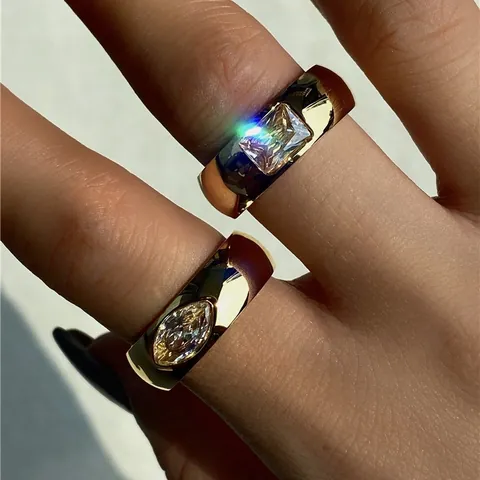 Gold Plated Stainless Steel Ring With Rectangle Marquise Zircon High Polished Minimalist Fashion Jewelry For Women