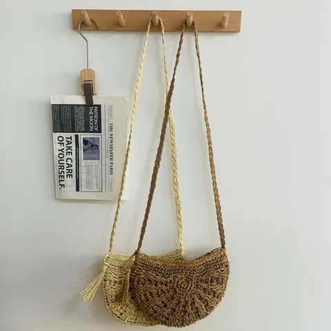 Sac Bandoulière En Paille Demi-Cercle Corde De Papier Tissée Avec Gland Style Vacances Plage Pour Femmes