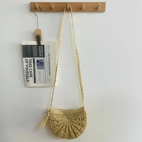 Sac Bandoulière En Paille Demi-Cercle Corde De Papier Tissée Avec Gland Style Vacances Plage Pour Femmes