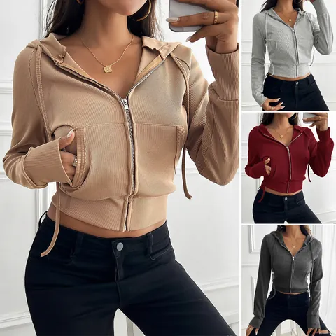 Women Zip Up Cropped Hoodie Ribbed Knit Drawstring Long Sleeve Sweatshirt Cardigan Jacket With Pockets Casual Streetwear