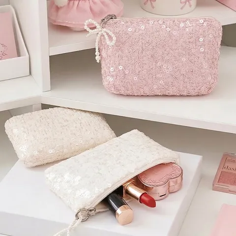 Mini Sequin Coin Purse With Artificial Pearl Bow Charm Lace Embroidery Portable Cosmetic Pouch For Lipstick Earphone Women Girlish