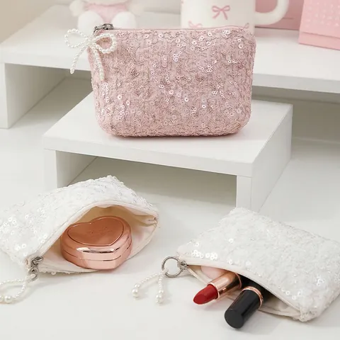 Mini Sequin Coin Purse With Artificial Pearl Bow Charm Lace Embroidery Portable Cosmetic Pouch For Lipstick Earphone Women Girlish