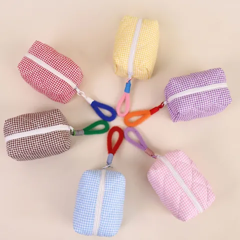 Borsa Per Cosmetici Trapuntata A Quadretti Bordo Arricciato Grande Capacità Cerniera Pochette Trucco Con Manico Peluche