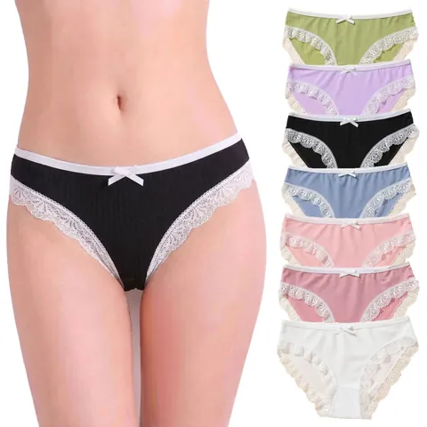 Women Low Waist Panties Ribbed Lace Trim Briefs Breathable Polyester Elastic Bow Decor Solid Color Comfortable Lingerie