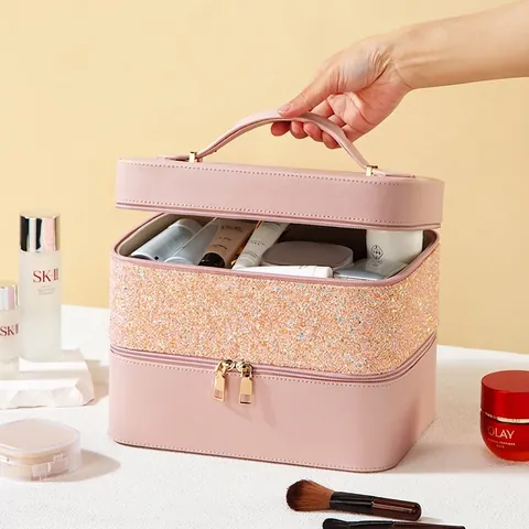 Professional Makeup Case PU Leather Glitter Double Layer Portable Large Capacity With Three Color LED Mirror Vanity