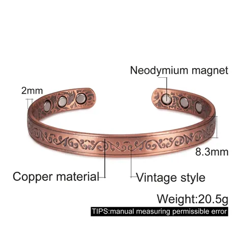 Vintage Copper Magnetic Therapy Cuff Bracelet For Arthritis Pain Relief Adjustable Engraved Flower Pattern