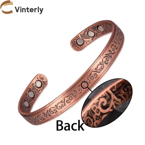 Vintage Copper Magnetic Therapy Cuff Bracelet For Arthritis Pain Relief Adjustable Engraved Flower Pattern