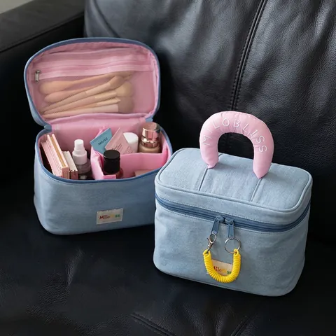 Große Kapazität Make-Up Tasche Tragbare Toilettenartikel Reise Kosmetikkoffer Unterteilte Aufbewahrung Color Block Polyester Denim