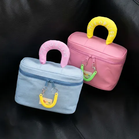 Große Kapazität Make-Up Tasche Tragbare Toilettenartikel Reise Kosmetikkoffer Unterteilte Aufbewahrung Color Block Polyester Denim