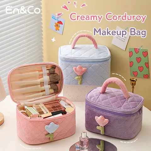 Borsa Per Trucco In Velluto A Coste Trapuntato Grande Capacità Organizzatore Con Decoro Tulipano Per Donne