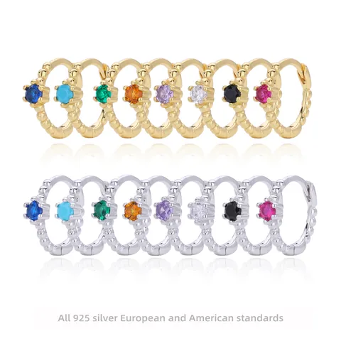 925 Sterling Silver Hoop Earrings For Women Minimalist Colorful Zirconia Inlaid Bead Edge Ear Cuff Gold Silver Plated Jewelry