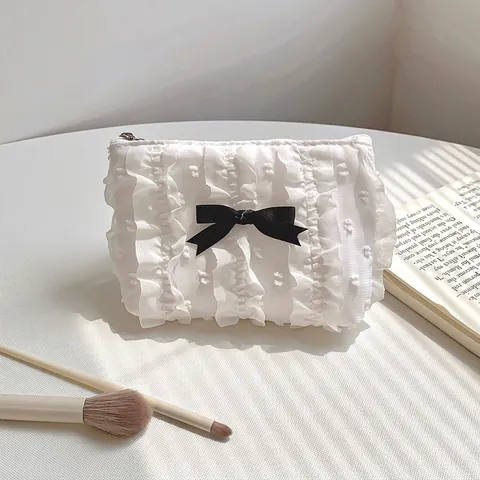 Cute Lace Bow Makeup Bag Polyester Pleated Ruffle Cosmetic Pouch For Women Daily Storage Coin Purse Sweet Korean Style