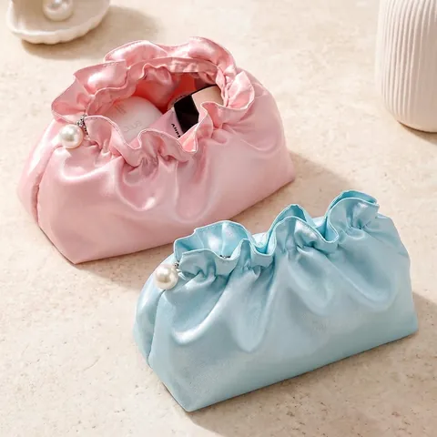 Pleated Cloud Makeup Bag Satin Polyester Travel Cosmetic Storage Pouch With Artificial Pearl Zipper Pull For Women