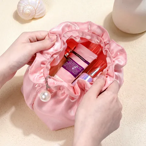 Pleated Cloud Makeup Bag Satin Polyester Travel Cosmetic Storage Pouch With Artificial Pearl Zipper Pull For Women