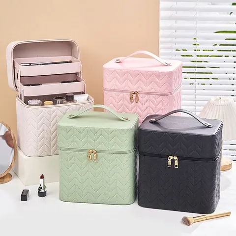 Quilted PU Leather Large Makeup Case Portable Professional Cosmetic Storage Box With Multi-Layer Trays And Handle