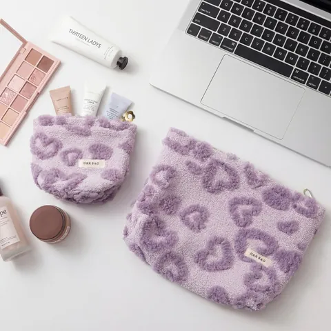 Plush Makeup Bag Heart Pattern Purple Fuzzy Sherpa Cosmetic Organizer Zippered Travel Portable Toiletry Pouch For Women