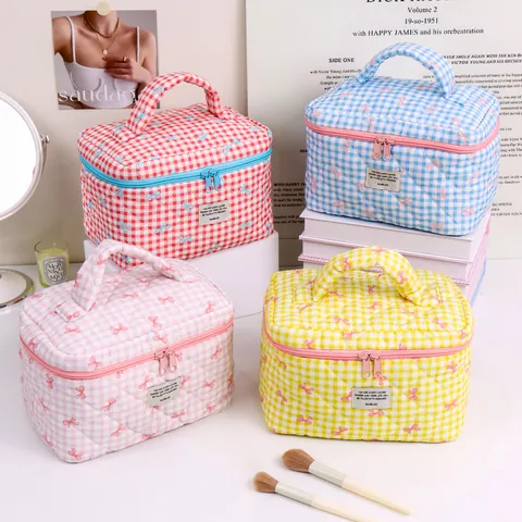 Gesteppte Gingham Make-up Tasche Süßes Schleifenmuster Polyester Tragbarer Kosmetik Organizer Koffer Reise Kulturbeutel