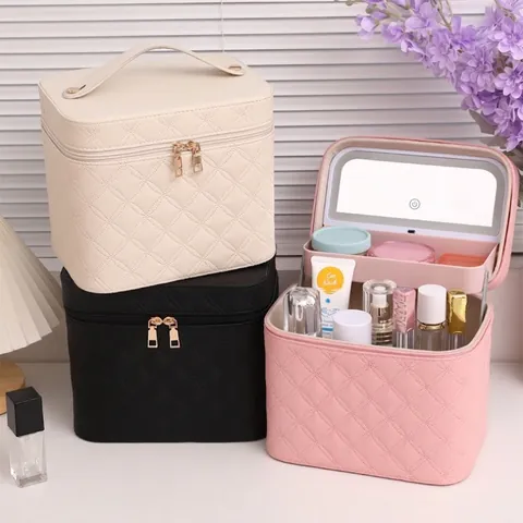 Borsa Trucco Specchio LED Pelle PU Trapuntata Valigetta Cosmetica Portatile Ricaricabile Organizzatore Viaggio Professionale