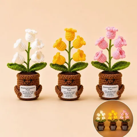 Handmade Crochet Lily Of The Valley Potted Plant LED Night Light Positive Emotional Support Knitted Flower Desk Decor