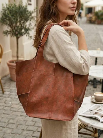 Women Oversized Tote Bag Soft PU Leather Slouchy Shoulder Bag Retro Large Capacity Minimalist Handbag Commuter Travel Vintage Style