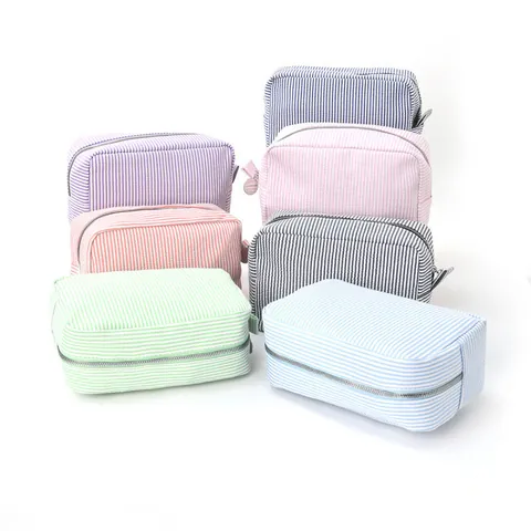 Borsa Per Cosmetici In Seersucker A Righe Grande Capacità Beauty Case Da Viaggio Organizer Per Trucco Portatile Con Cerniera