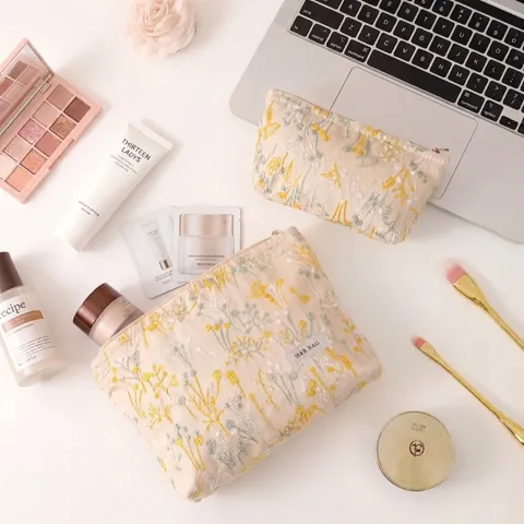 Floral Embroidery Makeup Bag Cotton Linen Fabric Portable Cosmetic Organizer Pouch Zipper Travel Storage For Women