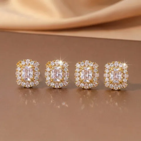 Vintage Rechteckiger Zirkon 18K Vergoldeter Edelstahl Halskette Ohrringe Und Verstellbarer Ring Für Damen Schmuck