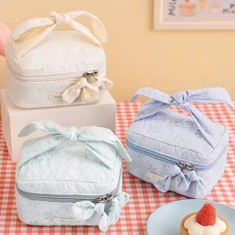 Sweet Floral Embroidery Makeup Bag Lace Cosmetic Pouch Travel Organizer Bow Tie Handle Macaron Color For Women Girls