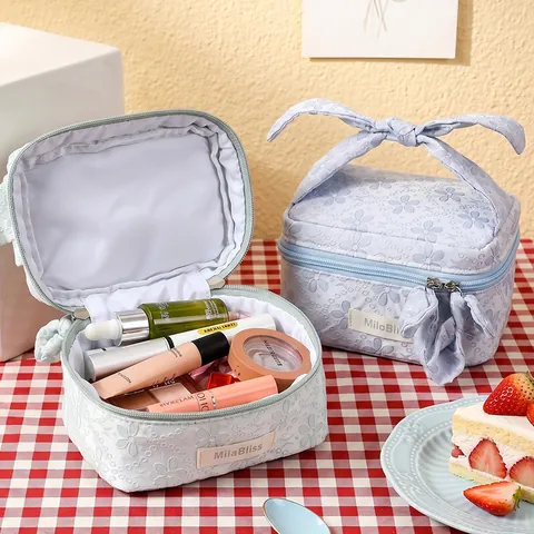 Sweet Floral Embroidery Makeup Bag Lace Cosmetic Pouch Travel Organizer Bow Tie Handle Macaron Color For Women Girls
