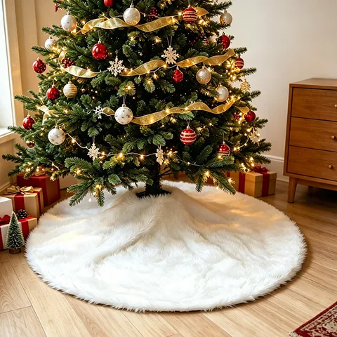 Jupe De Sapin De Noël Fausse Fourrure Peluche Flocon De Neige Broderie À Paillettes Décoration De Fête Ronde Couleurs