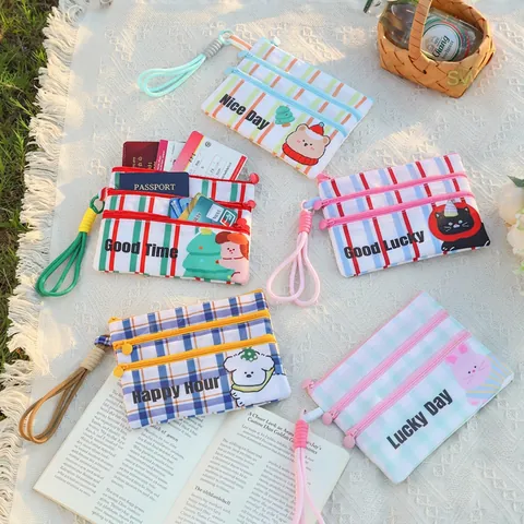Cartoon Animal Passport Holder Travel Document Bag Polyester Triple Zipper Stripe Pattern Portable ID Card Pouch Handheld Organizer