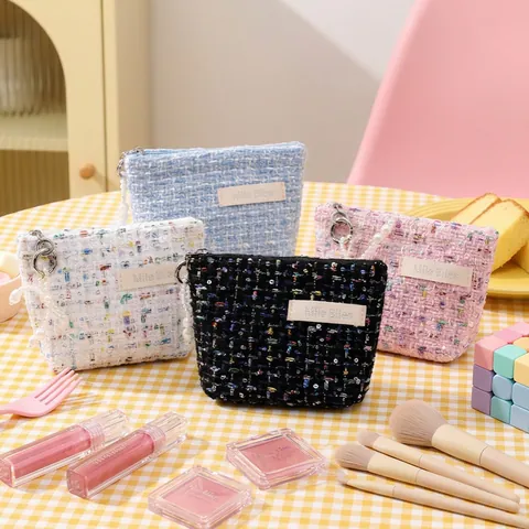 Neceser De Maquillaje De Tweed Bolsa De Cosméticos Elegante Portátil Mini Monedero Con Colgante De Perlas Artificiales Para Mujeres Niñas