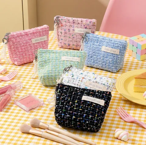 Neceser De Maquillaje De Tweed Bolsa De Cosméticos Elegante Portátil Mini Monedero Con Colgante De Perlas Artificiales Para Mujeres Niñas