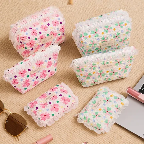 Floral Quilted Makeup Bag Lace Trim Cosmetic Pouch Zipper Travel Toiletry Storage Organizer Portable For Women