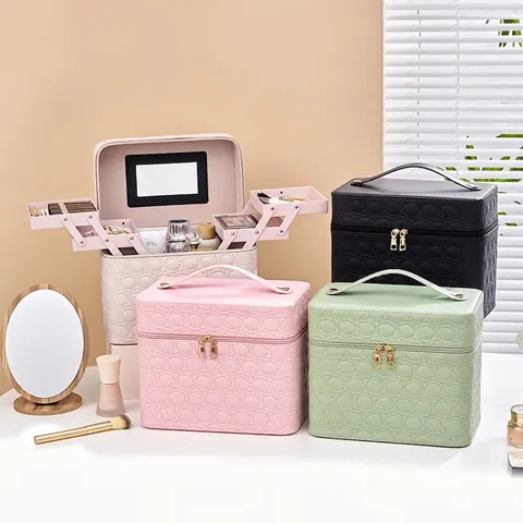 PU Leather Makeup Case With Built-in Mirror And Four Foldable Trays Portable Circular Quilted Pattern Travel Cosmetic Organizer Box