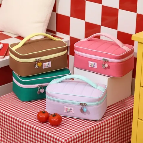Grande Borsa Da Trucco Trapuntata Colore A Contrasto Nylon Beauty Case Da Viaggio Organizzatore Per Cosmetici Portatile
