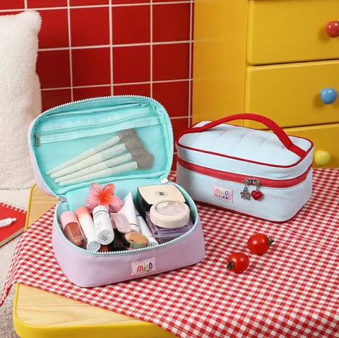 Grande Borsa Da Trucco Trapuntata Colore A Contrasto Nylon Beauty Case Da Viaggio Organizzatore Per Cosmetici Portatile