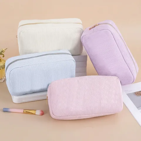 Borsa Trucco In Velluto A Coste Grande Capacità Portatile Righe Macaron Beauty Case Da Viaggio Organizer Cosmetici