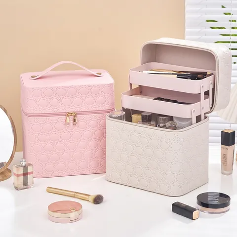 Große Kapazität Make-up-Koffer Wasserdichtes PU-Leder Kreis Gesteppter Kosmetik-Organizer Mit 3-Stufigen Ablagen Tragbar