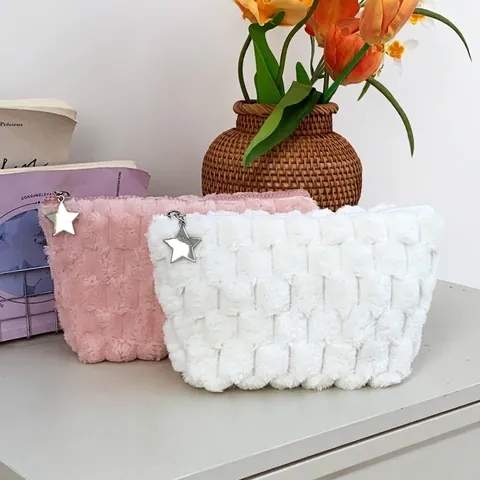 Plush Cosmetic Bag Checkerboard Soft Toiletry Organizer With Star Zipper Charm For Travel Daily Use Women