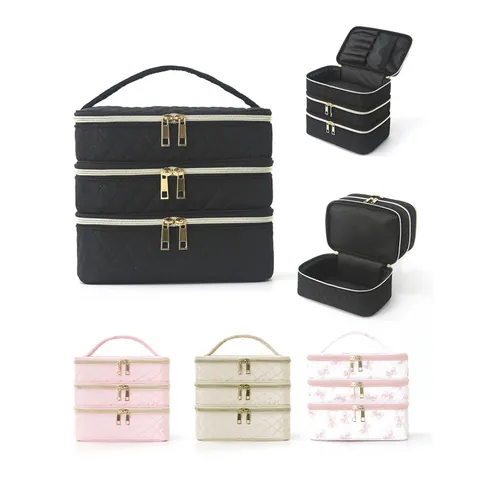 Multi Layer Polyester Makeup Bag Quilted Rhombus Pattern Large Capacity Travel Toiletry Case Portable Zipper Organizer