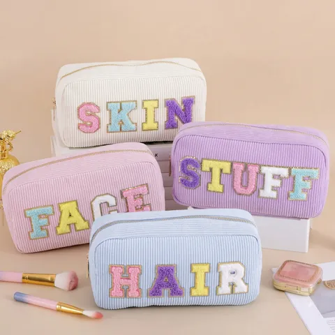 Corduroy Kosmetiktasche Mit Chenille Buchstaben Große Kapazität Tragbare Make Up Aufbewahrungstasche Reißverschluss Für Damen