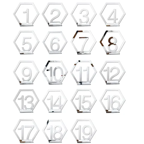 Hexagonal Spiegel Acryl Tischnummern Silber Spiegeleffekt Tischnummernschilder Mit Ständer Für Hochzeit Bankett Restaurant Dekoration
