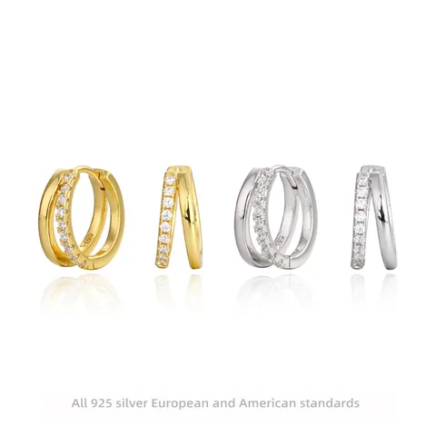 925 Sterling Zilveren Dubbele Ring Creolen Voor Vrouwen Luxe Pavé Zirconia Geometrische Oormanchet Mode Sieraden